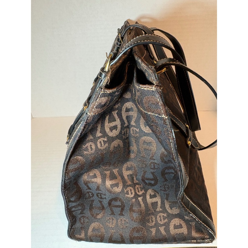 Etienne Aigner Signature Jacquard Logo Tote Bag Brown Black Leather Trim - Picture 6 of 8
